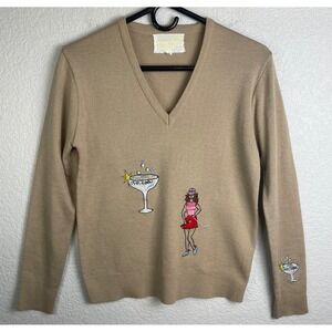 Vtg 50s Andreno Argenti Embroidered Golf Sweater Women M Tan 19th hole Cocktail